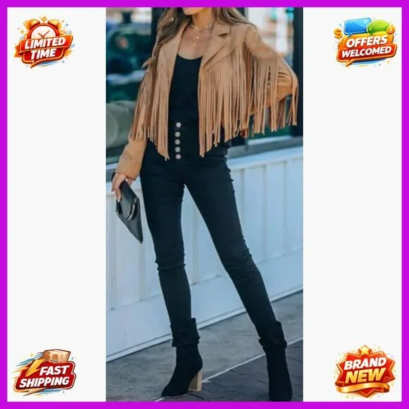 Faux Suede Cropped Fringe Jacket Women's Western Motorcycle Style